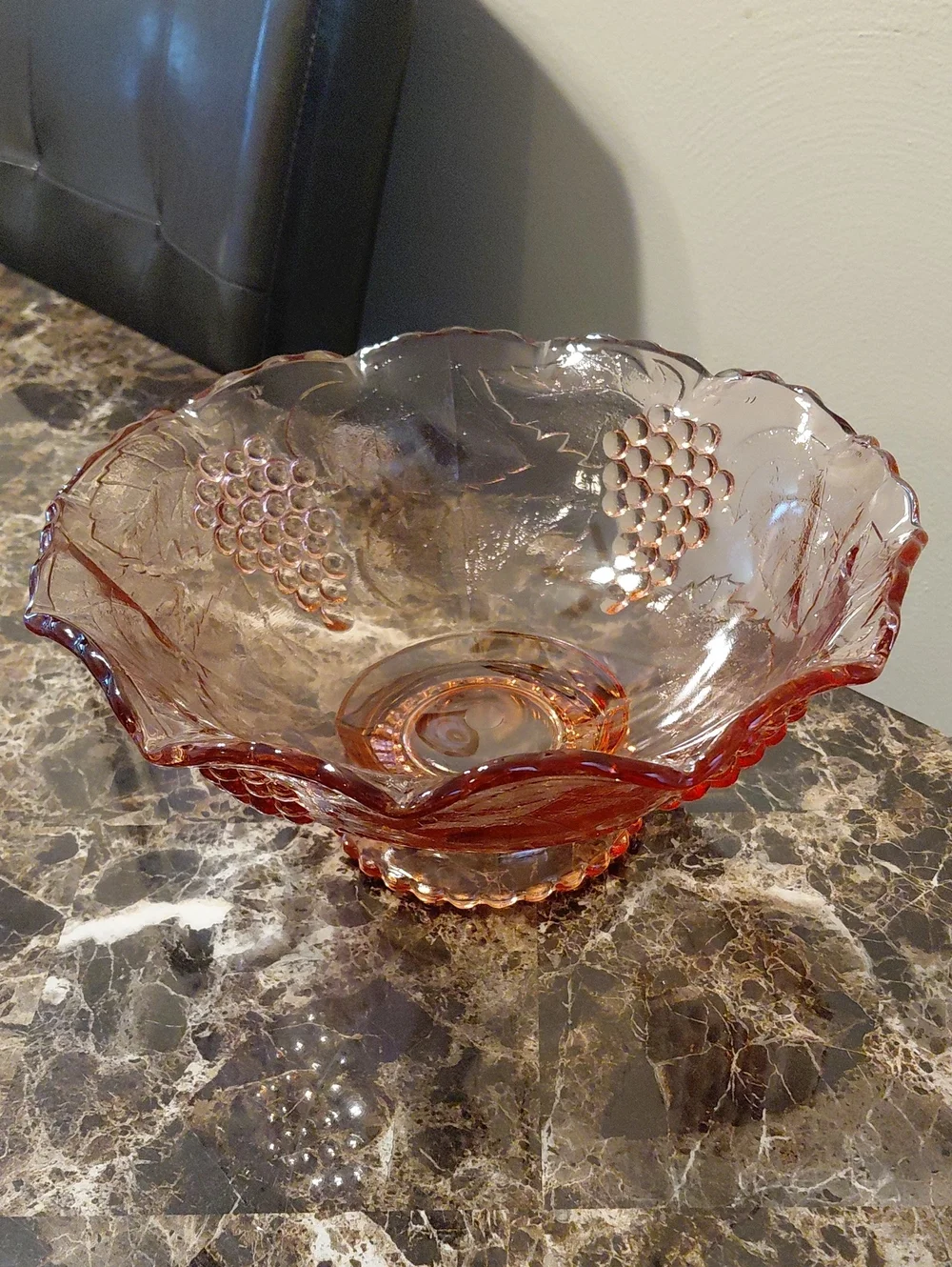 Vintage Blush Pink Heavy Depression Glass Grapes & Leaves Pattern Serving Bowl